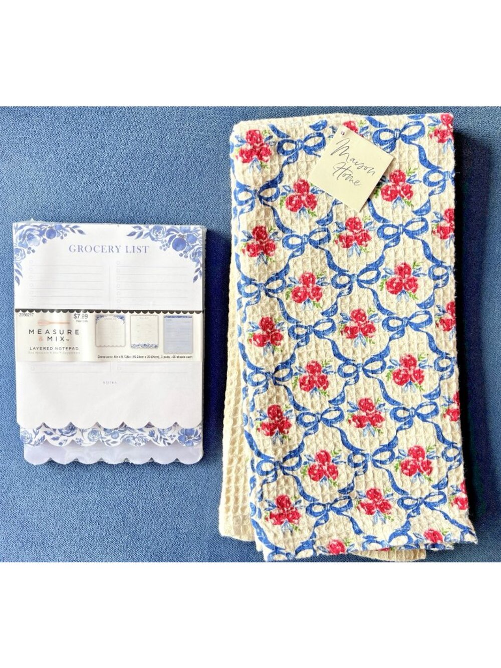 Grocery List & Towel Set 2 BLUE BOWS ROSES Maison Home 100% Cotton Kitchen Gift